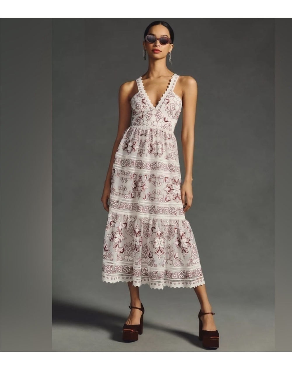 Anthropologie White Midi Dress with Burgundy Floral Embroidery